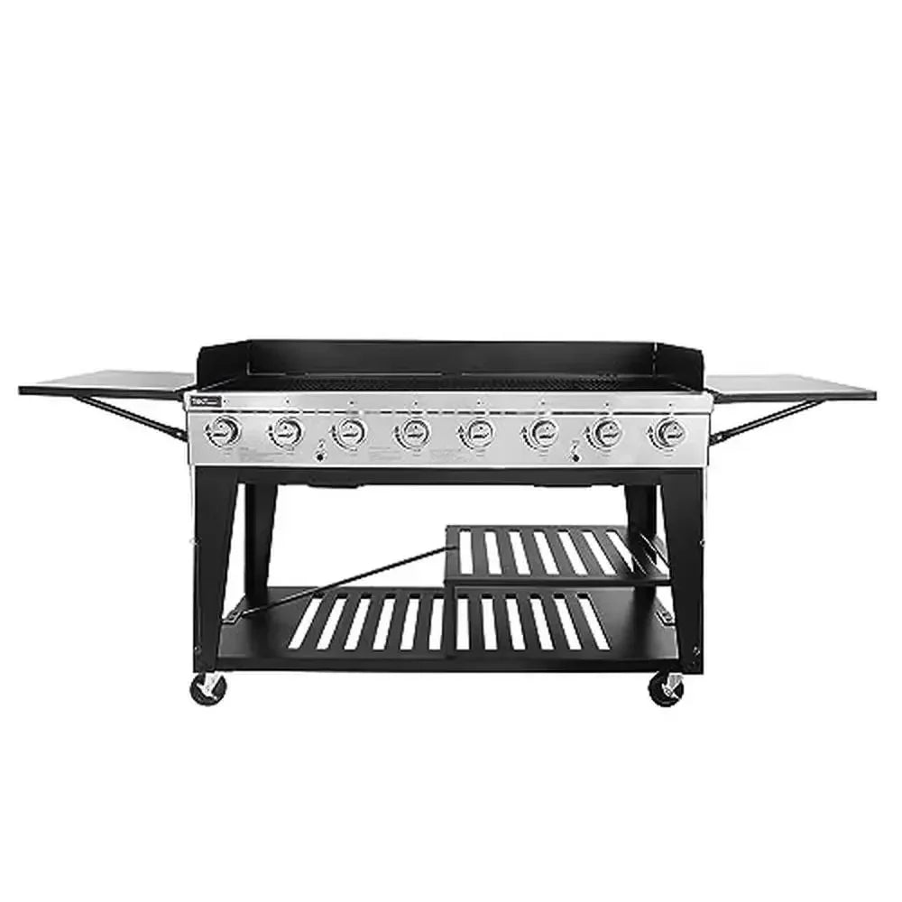 Customizable Gas Grill 104,000 BTU 8-Burner BBQ Folding Side Tables Dual Grease Management Black Cookout Party