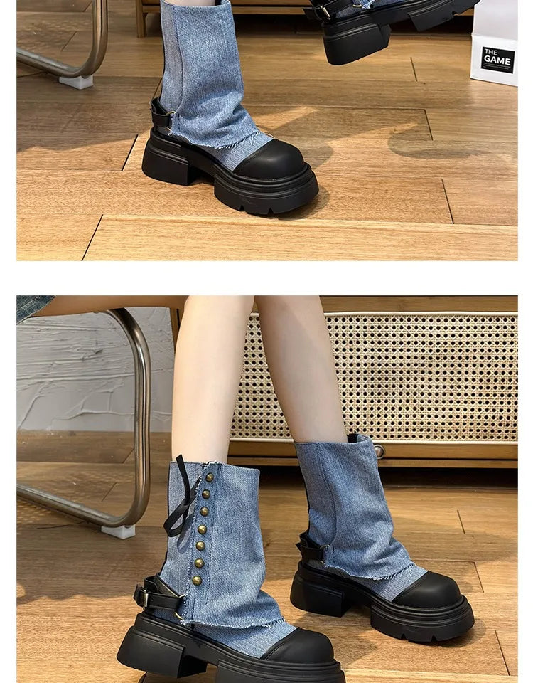Fall Student Fashion Ankle Boots New Canvas Cowboy Shoes Women's Outdoor Platform Boots Luxury Designer Brand Motorcycle Boots