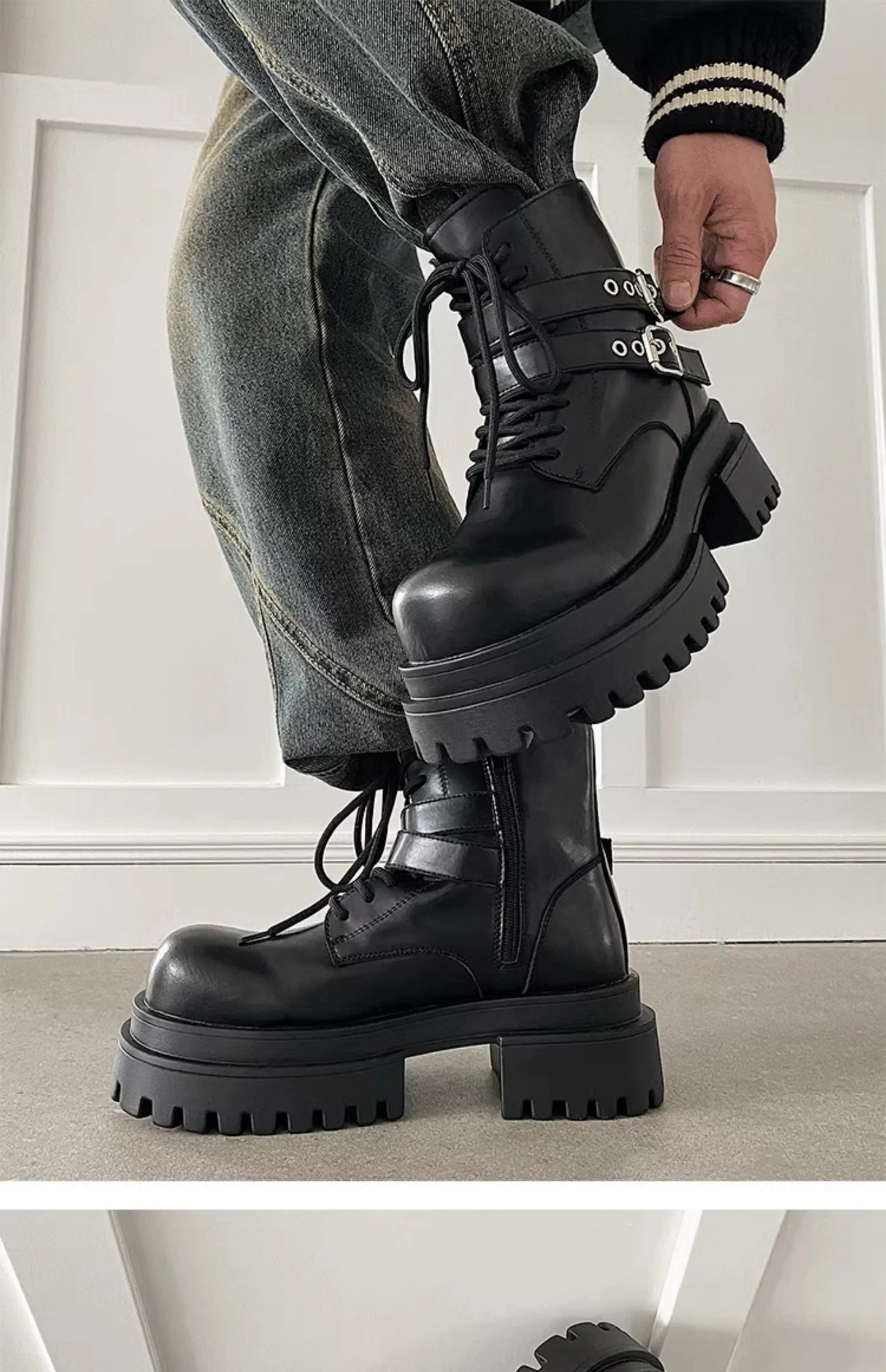 Height increased by 7CM short leather boots for men's dark punk functional motorcycle boots commuting buckle work clothes shoes