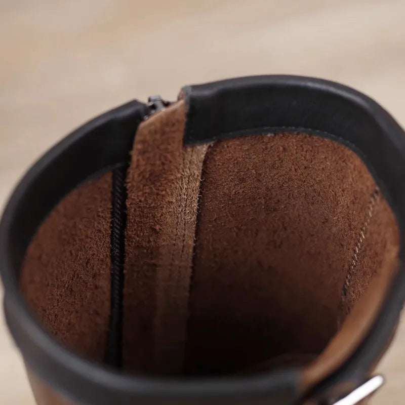 Vintage Mens Cowhide Genuine Leather High Top Engineer Boots Buckle Round Toe Motorcycle Riding Boots Zipper Work Safety Shoes