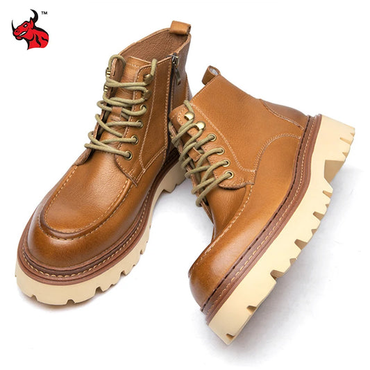 Men's Motorcycle Boots Genuine Leather High Top Motorbike Ankle Boots Thick Soled Vintage Round Toe Casual Punk Dress Shoes