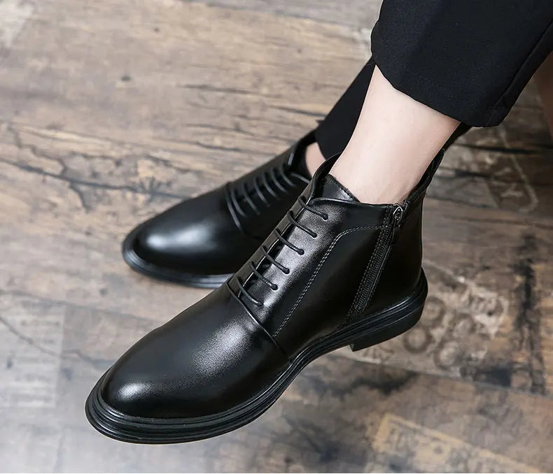 Italian Leather Men Zip Lace-Up Boots Casual Shoes Motorcycle Boots Black Winter High Quality Booties Botas Masculinas 38-46