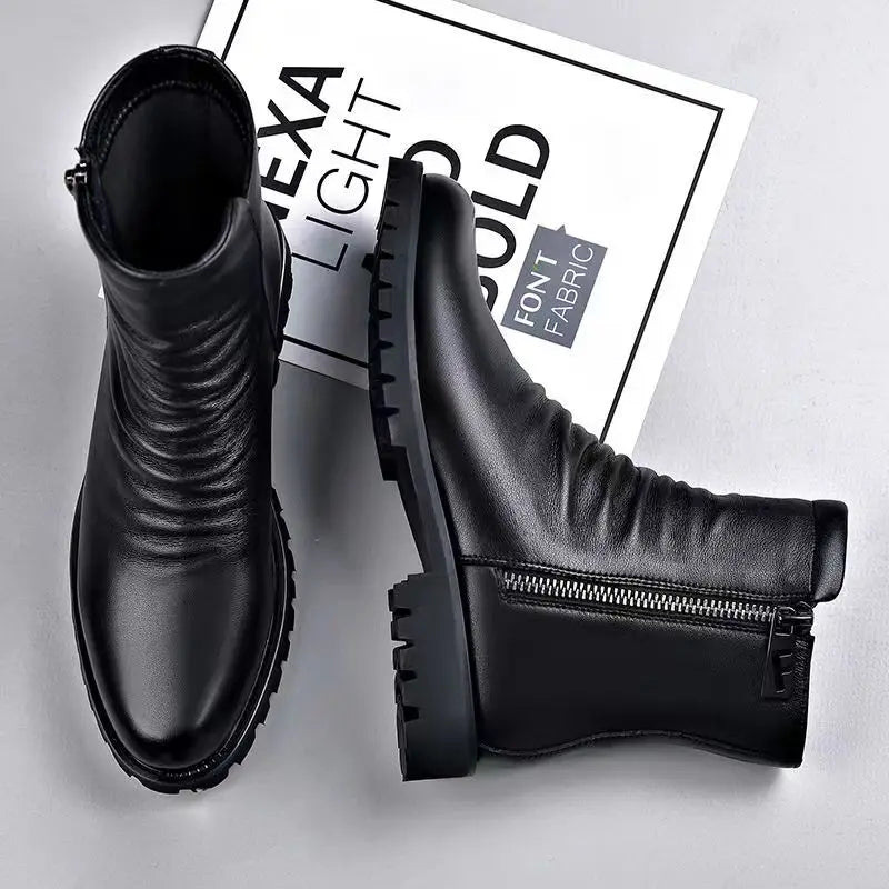 British style mens fashion autumn winter boots black stylish warm wool shoes cowboy genuine leather shoes high motorcycle botas