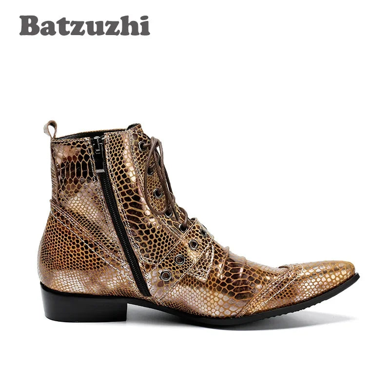NEW Western Punk Men Boots Ankle Golden Leather Short Boots Rock Winter Autumn Motorcycle Boots Men botas hombre,US6-12