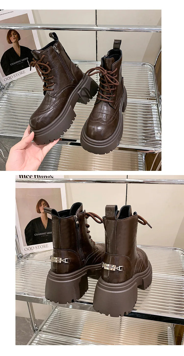 Boots Woman 2025 Trend Female Shoes Winter New British platform Lace up zipper ankle boots Plush Flat Heel Motorcycle boots