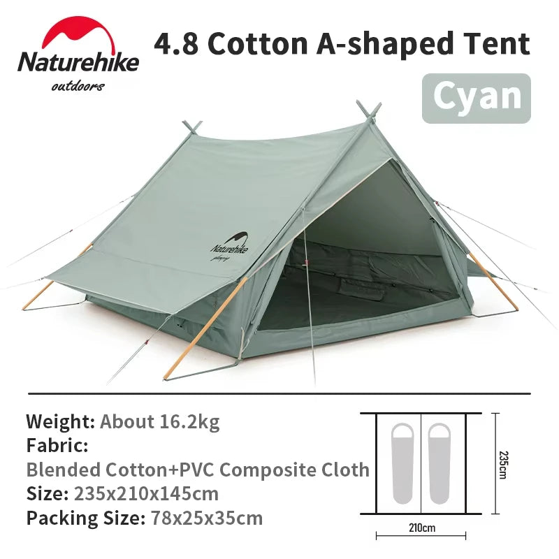 Naturehike Cotton A-Frame Ridge Tent Extended 4.8 3-season Camping Tent with Awning 2 Persons Family Outdoor Travel Waterproof