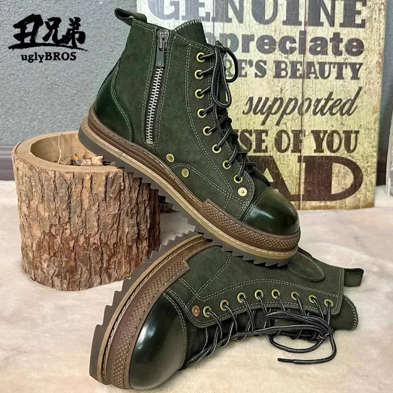 Retro Uglybros Motorcycle Boots Cowhide Canvas Shoes Ankle Protect Motorbike Zapatone British Style Botas For Harley For TRIUMPH