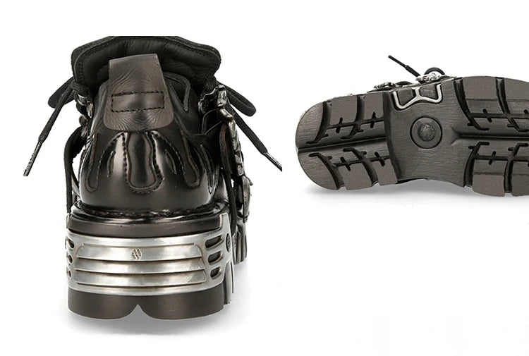 New Men's Gothic Skull Boots Black Women Shoes Designer Punk Metal Platform Walking Sneakers Skeleton Metal Buckles Ankle Boots