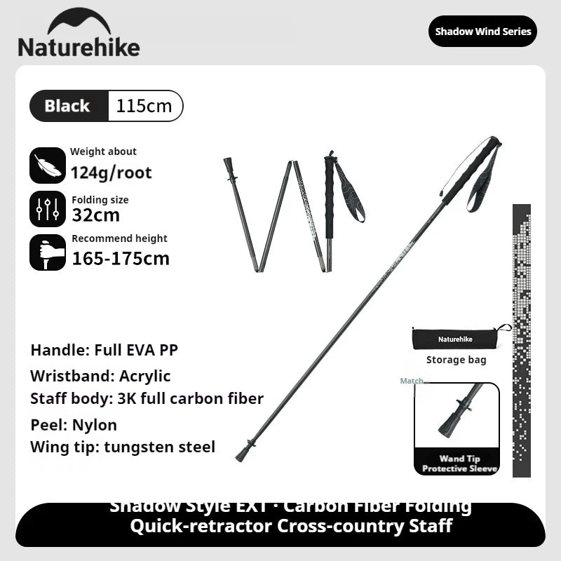 Naturehike 3K Carbon Fiber Collapsible Telescopic Sticks Trekking Pole Folding Portable Walking Stick Staff for Hiking Climbing