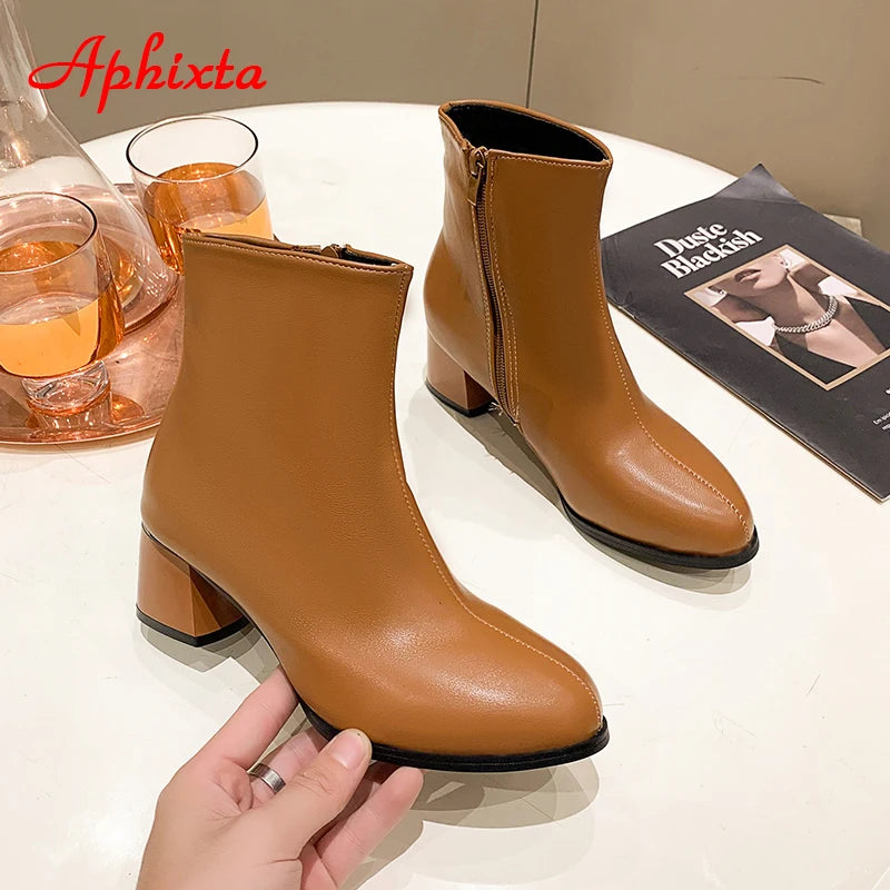 Aphixta 2023 Winter Side Zipper Shoes Women Boots 5cm Square Heel Ankle Boots Brown Botines Mujer Ladies Big Size Shoes