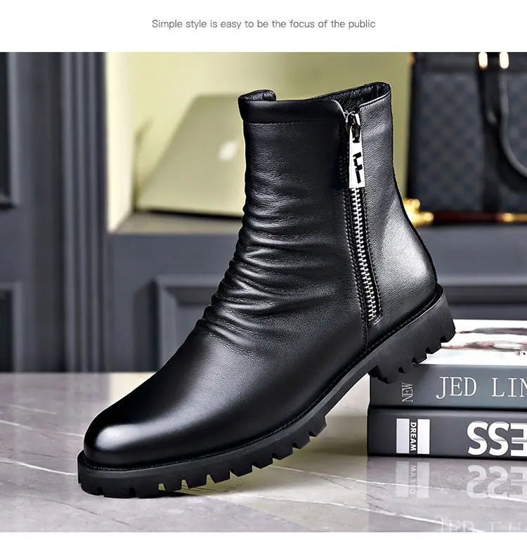 Ankle Boots Mens Split Soft Leather Mid Top Winter Vintage Plush Warm Soft Leather High Top British Side Zipper Chelsea Boots