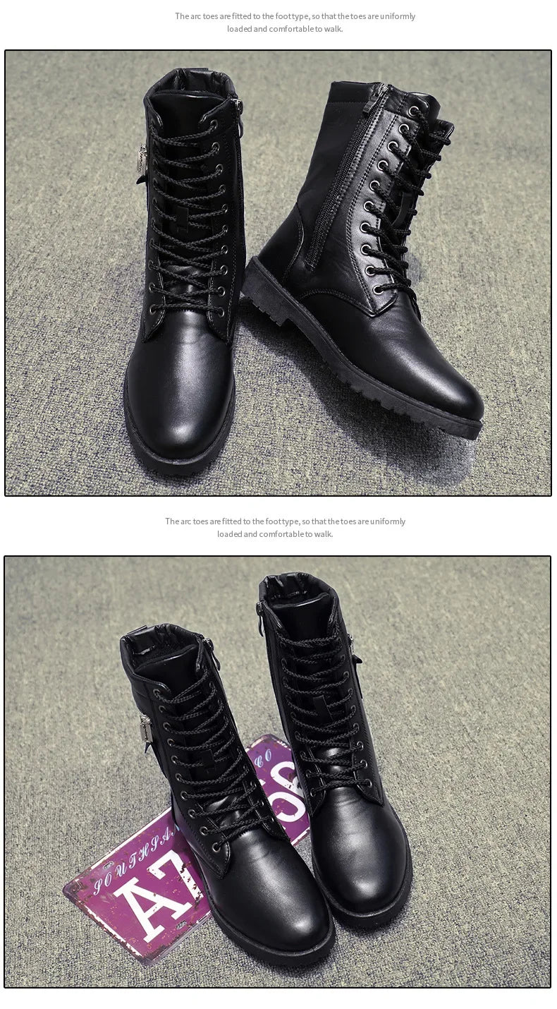 PU Leather Men Motorcycle Boots Men's Riding Hunting Walking Shoes Autumn Winter Mid-Calf Boots High Top Boots