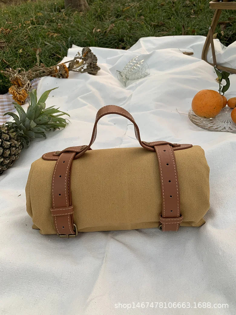 Solid Picnic Mat Paired with Picnic Trendy Leather Handle Beach Blanket  Sleeping Pad  Camping Tarp Waterproof  Beach Mat