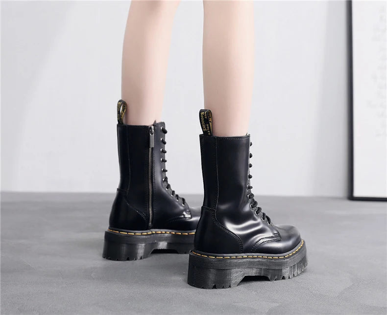 Women Boots Genuine Leather Platform Boots Motorcycle Designer Shoes Woman Zipper Optical Soles Fashion Sexy Punk Long Boots 39