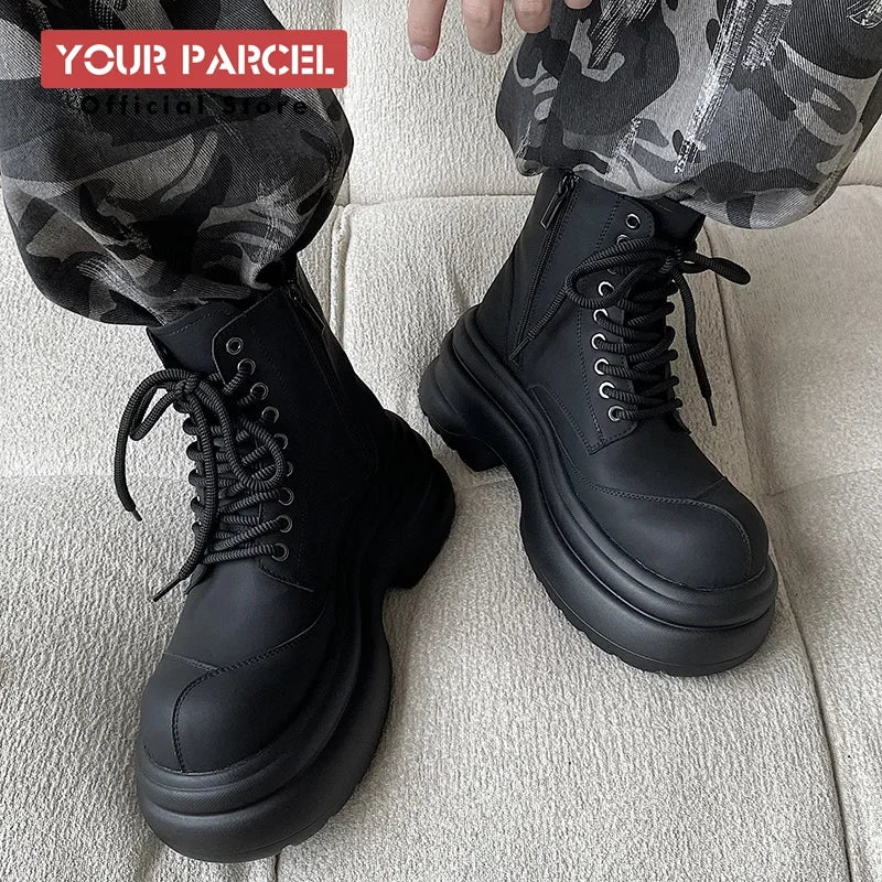 Black boots for men thick sole 7CM height increase high top motorcycle boots trendy and fashionable outdoor workwear shoes