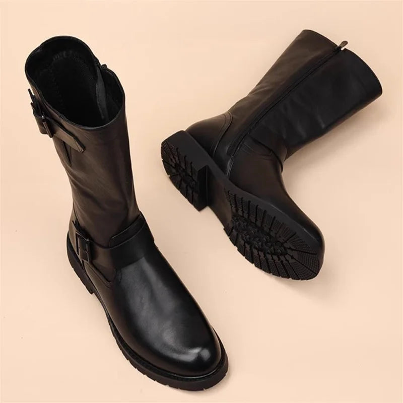 Men Fashion Leather Motorcycle Boots Mid-calf Warm Boots Black Gothic Belt Rivet Punk Rock Boots Tactical Boots 37-45