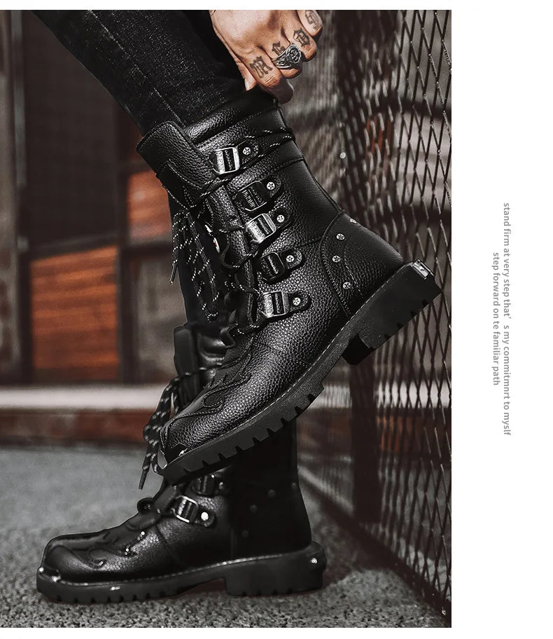 Men Motorcycle Boots Fashion Mid-Calf Punk Rock Punk PU Leather Black High Top Mens Casual Boot Steel Toe Shoes Big Size 38-46