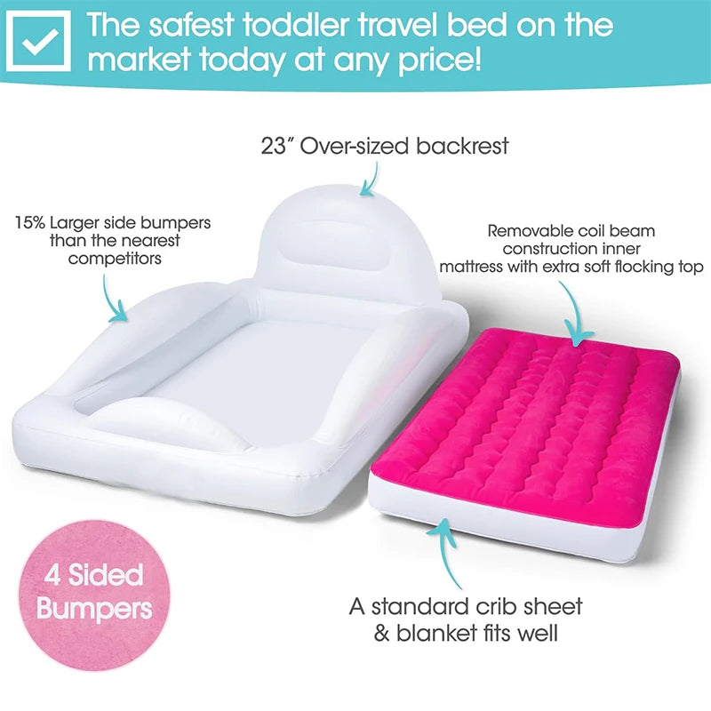 Inflatable Toddler Travel Bed with Safety Bumpers Backrest` Portable Kids Air Mattress Sleeping Bag Lazy Sofa for Travel Camping