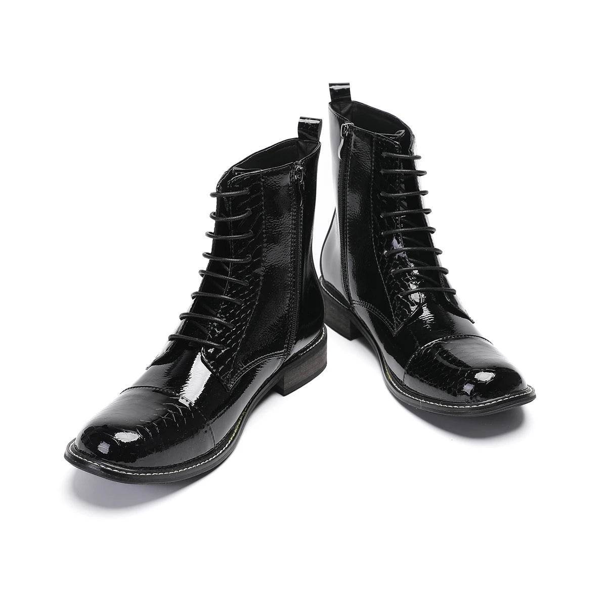 Botas Black Round Toe Patent Leather Male Short Boots for Men Plus Size Outdoors Lace Up Motorcycle Short Boots Men Dress Shoes