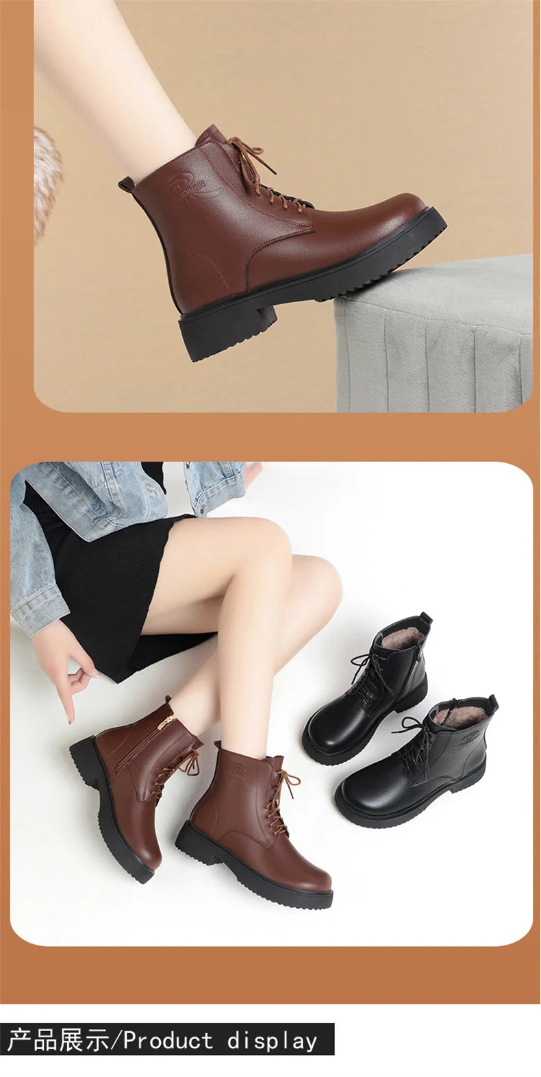 Women Winter Warm Velvet Ankle Boots Lace up Soft Leather Thick Bottom New Fashion Anti-slip Motorcycle Short Boots