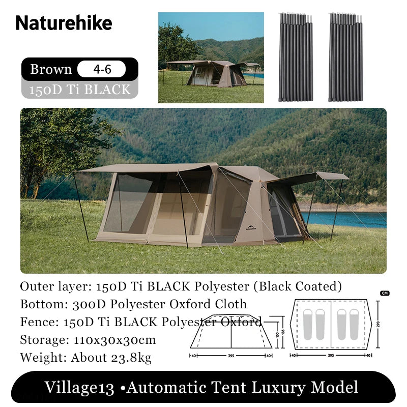 Naturehike Village 13 Automatic Cabin Tent Black Coated Outdoor Camping Picnic Sunscreen 27㎡ 2 Rooms 2 Halls Waterproof Tent
