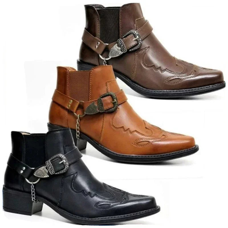 Fashion 2025 Men's Vintage Cowboy Boots Leather High Top Chain Buckle Strap Punk Shoes Pointed Toe Biker Boots Men