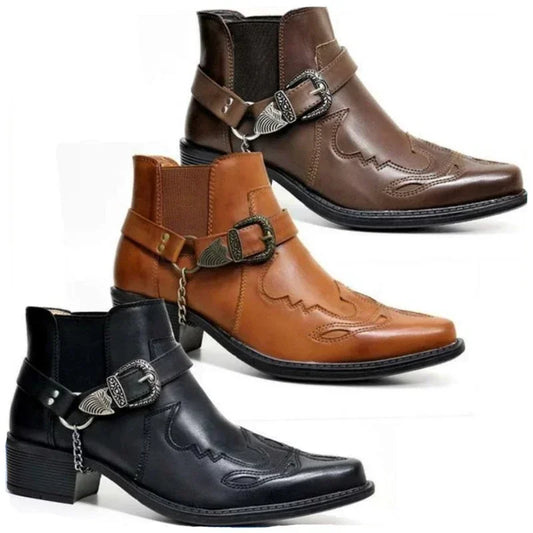 Fashion 2025 Men's Vintage Cowboy Boots Leather High Top Chain Buckle Strap Punk Shoes Pointed Toe Biker Boots Men
