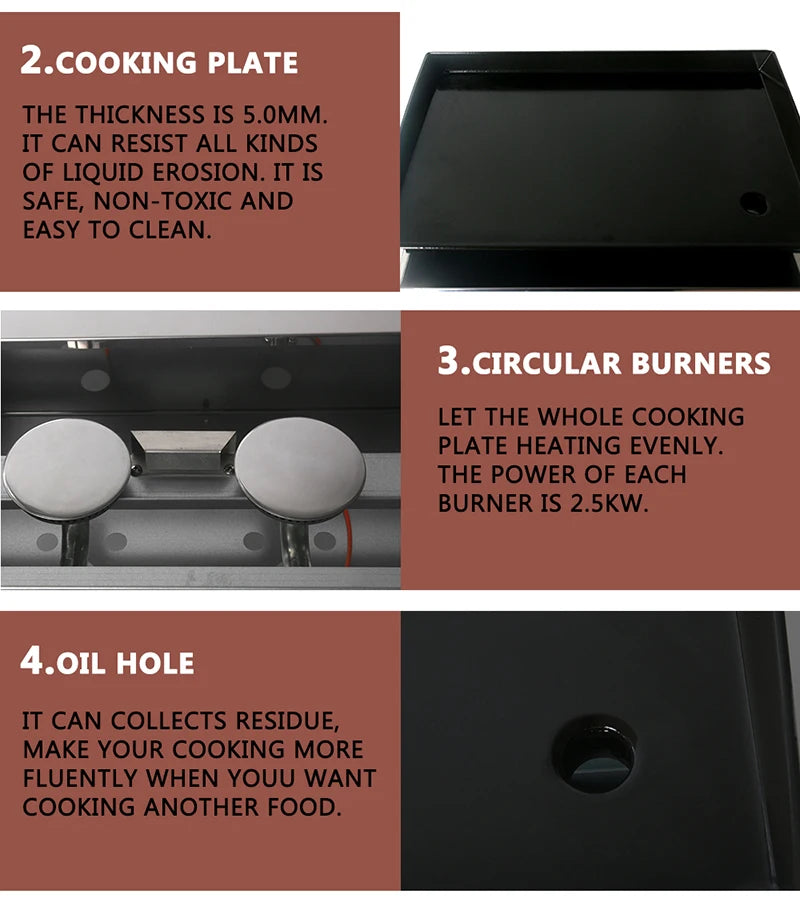 2 Burners Grill LPG BBQ Griddle for Commercial Non-stick Iron Plate Enamel Cooking Barbecue Steak Outdoor Grill Camping Cooking