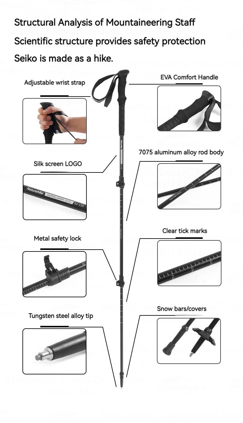 Naturehike ST03 7075 Aluminium Alloy Folding Trekking Pole Walking Stick Climbing Retractable 3 Sections Telescopic Alpenstocks