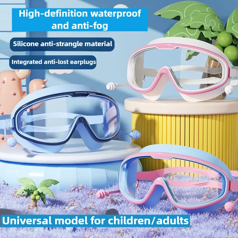 1Pair of Big Frame Swimming Goggles for Kids&Adults Anti-Fog No Leak Clear Wide View Scuba Diving Swimming Glasses with Earplugs