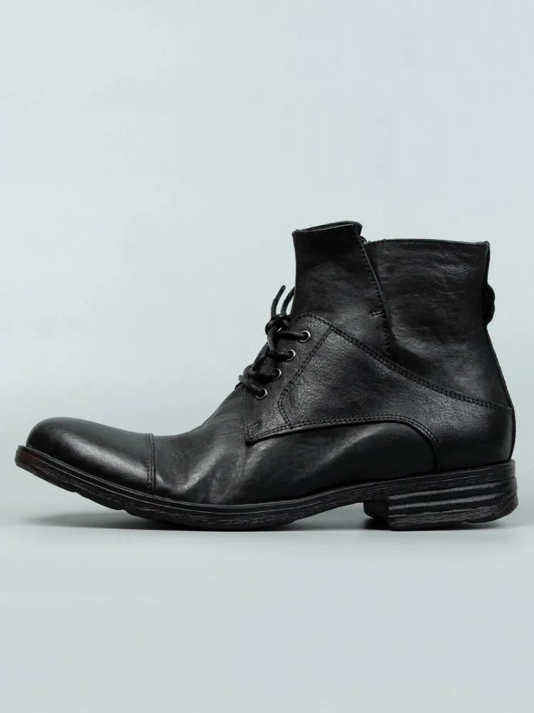 Vintage Mens Cowhide Genuine Leather Riding Ankle Boots Lace Up High Top Work Shoes Vintage Round Toe Autumn Moto Biker Boots