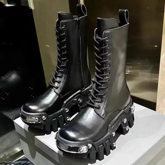 2025 new fashion platform women's retro punk tooling couple dark rock locomotive boots trendy shoes