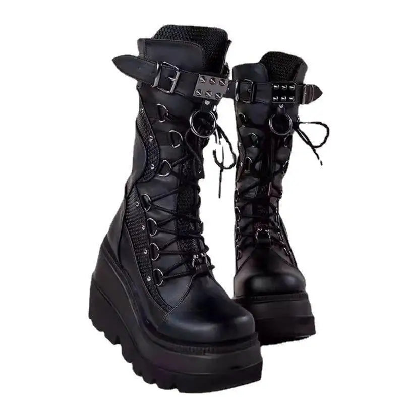 Women's Motorcycle Boots Ladies Goth Platform Boots Fashion Rivet Buckle Punk Wedges High Heels Party Street Cosplay Woman Shoes