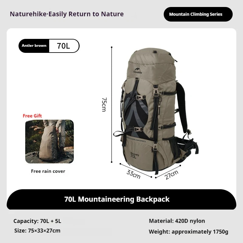 Naturehike 70+5L Backpack Camping Hiking Trekking Backpacking Lightweight Travel Bag With Aluminium Alloy Frame Waterproof Cover