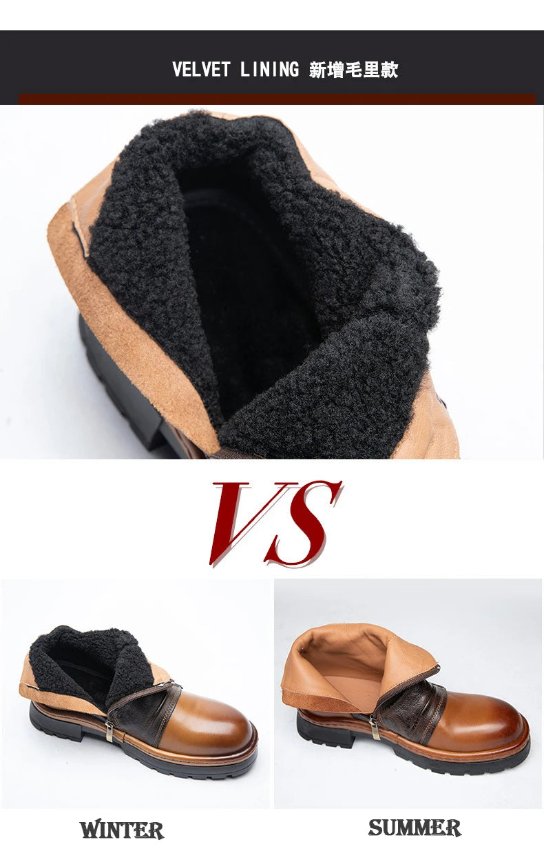 Brown Leather Motorcycle Boots Mens Round Head High Top Motorbike Boots Quality Moto Riding Shoes Thick Soled Summer Winter