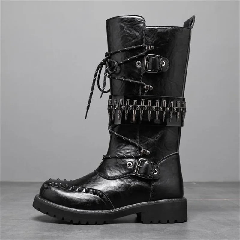 Round Toe Metal Decorations Belt Buckle men Boots Thick Sole Flats Black Zipper Fashion Punk Gothic  Equestrian Motocycle Boots