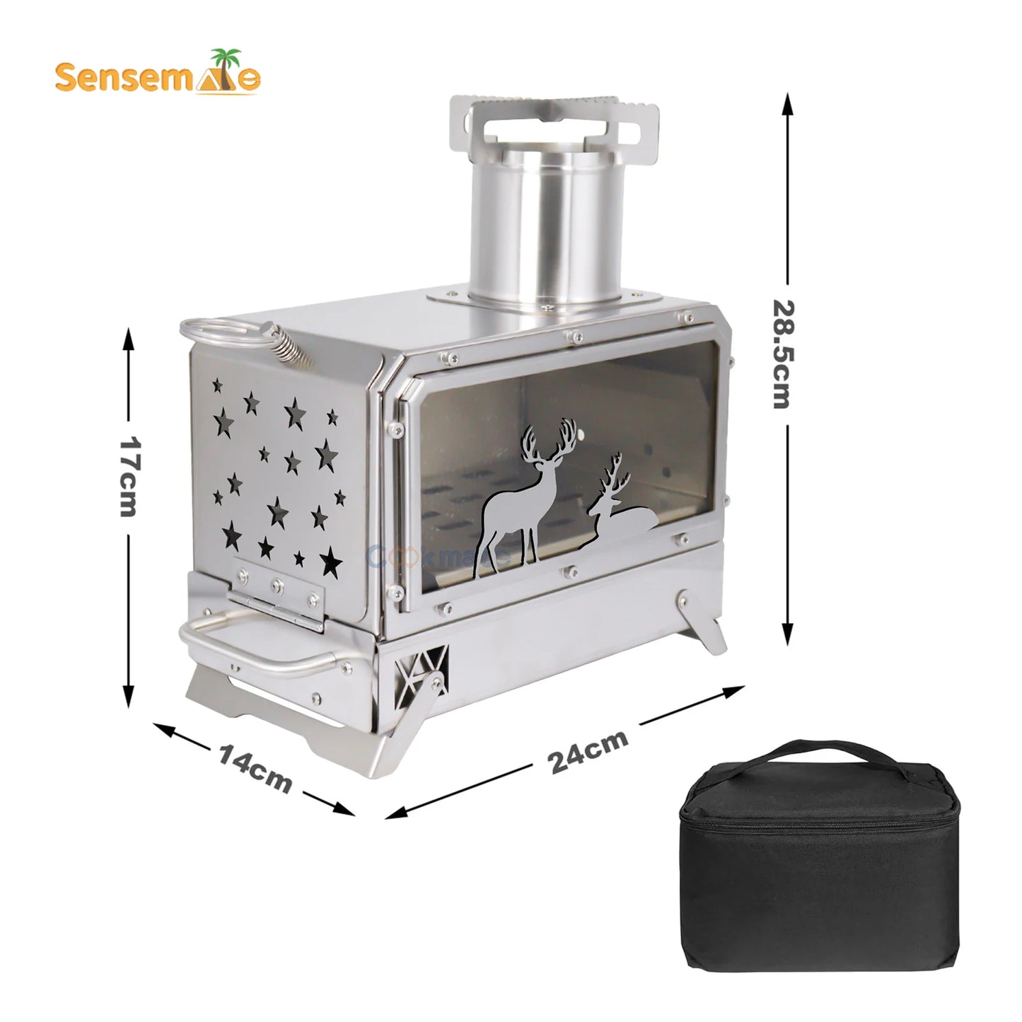 Portable Stainless Steel Wood Stove Camping Oven with Glass Window Folding Rocket Stove Mini Drawer for BBQ Grill Garden Hiking