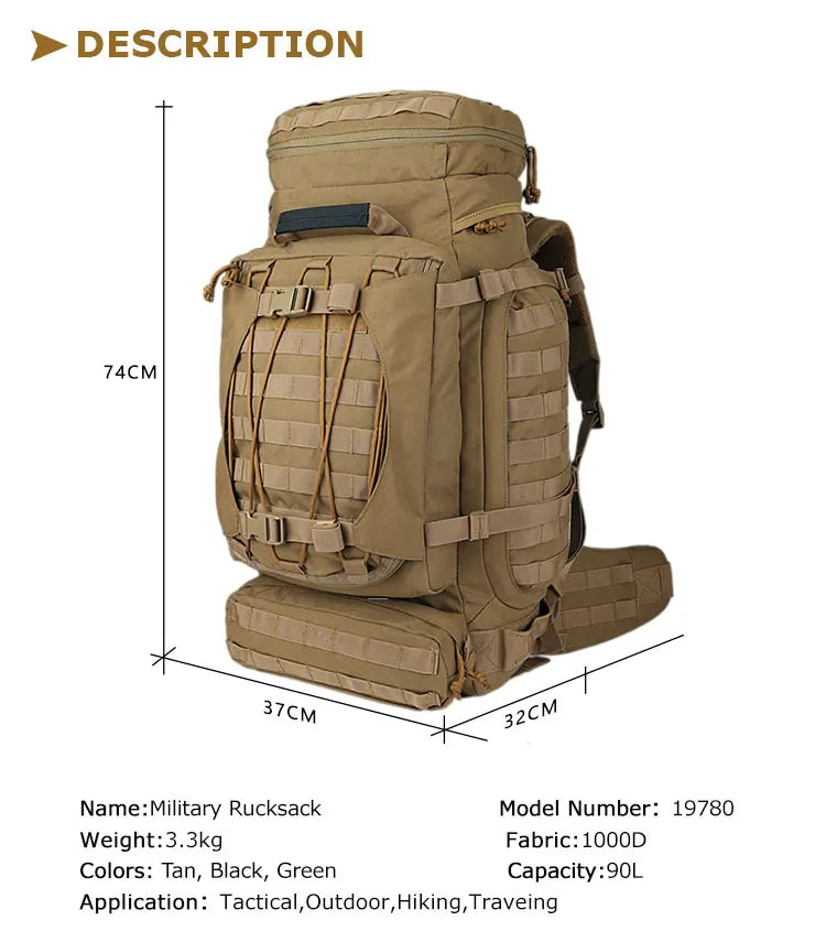 YAKEDA 90L Heavy Large Capacity Mountaineering Bag Waterproof Dustproof Breathable Adventure Outdoor Travel Tactical Backpack