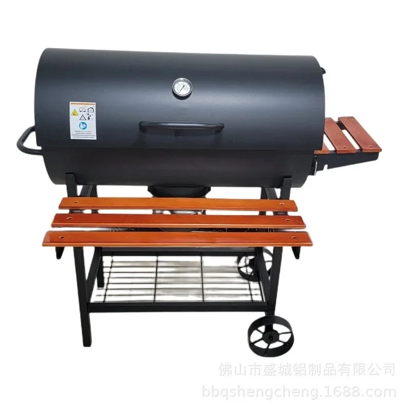 Charcoal Grill Barrel style BBQ Charcoal Grill with Three Item Racks Thermometer Double-Layer Chrome-Plated Iron Baking