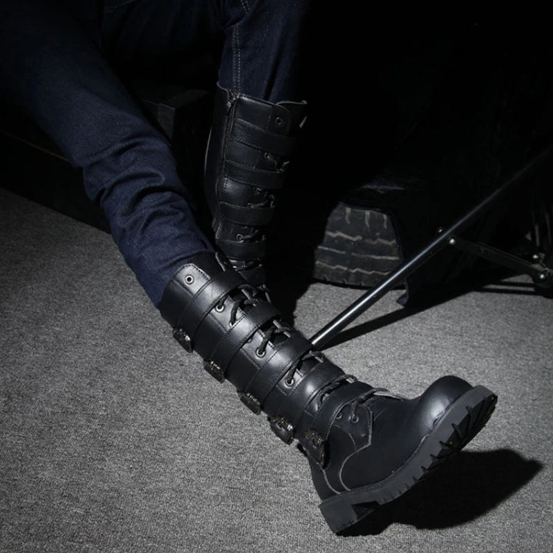 Men's Leather Motorcycle Boots Mid-calf Boots Gothic Belt Rock Punk Shoes Outdoor Black Casual Boot Winter Large Size Men Boots