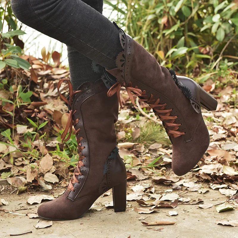 Women Lace Women's High Heel Middle Tube Boots Retro Leather Winter Shoes Booties Cowboy