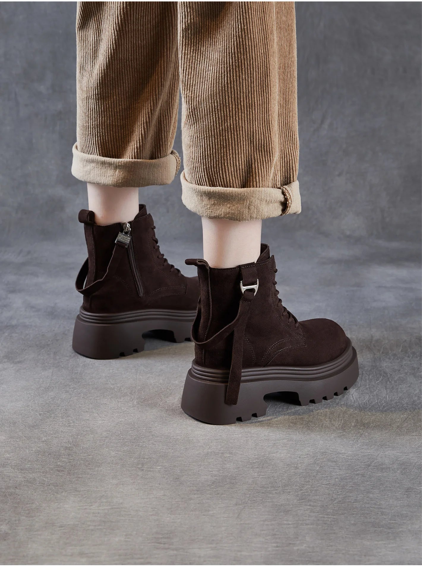 6.5cm Cow Suede Genuine Leather Women Booties Elthnic Pumps Comfy Ankle Knee High Spring Motorcycle Shoes Flats Platform Wedge