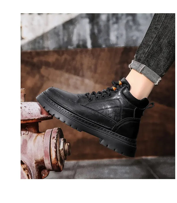 COZOK Men's Shoes Genuine Leather High Top Shoes Male Comfortable Sneakers Motorcycle Boots Male Lace-Up Winter Plush Snow Boots