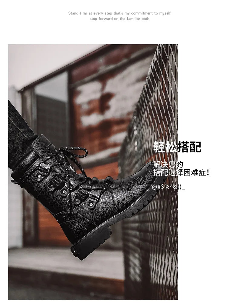 Men Motorcycle Boots Fashion Mid-Calf Punk Rock Punk PU Leather Black High Top Mens Casual Boot Steel Toe Shoes Big Size 38-46