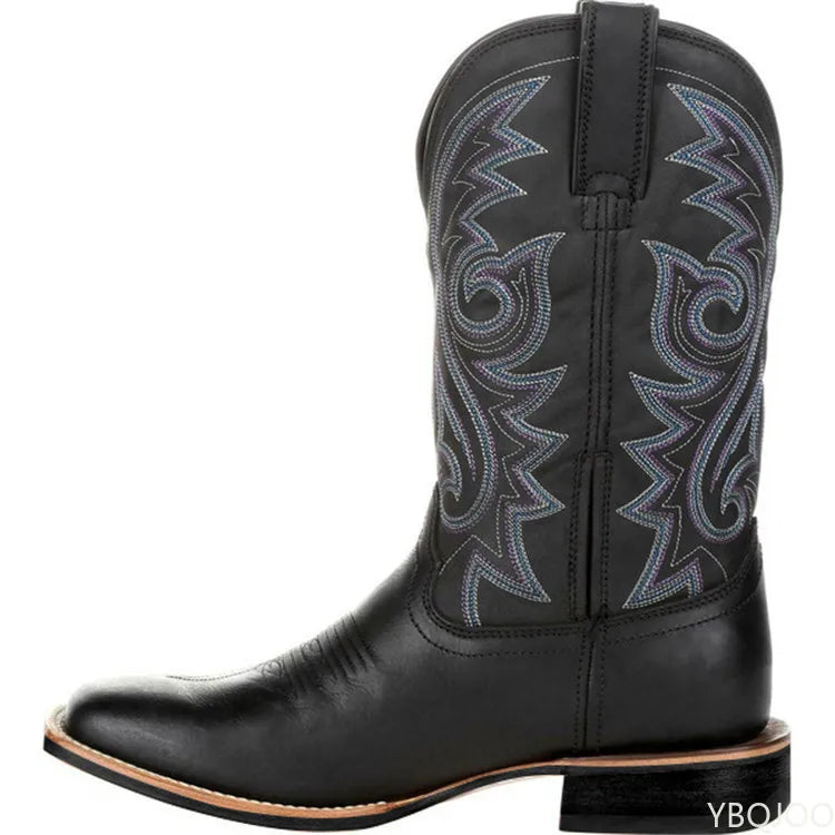 Men Boots Mid Calf Western Cowboy Motorcycle Boots Male Autumn Outdoor PU Leather Totem Med-Calf Boots Retro Designed Men Shoes