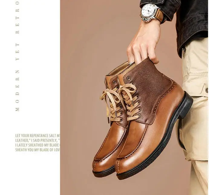 A028 Men's Boots Cow Genuine Leather Lace Up Man Shoes High Calf Male Footwear British New Winter Boots Motorbike Shoes Vintage