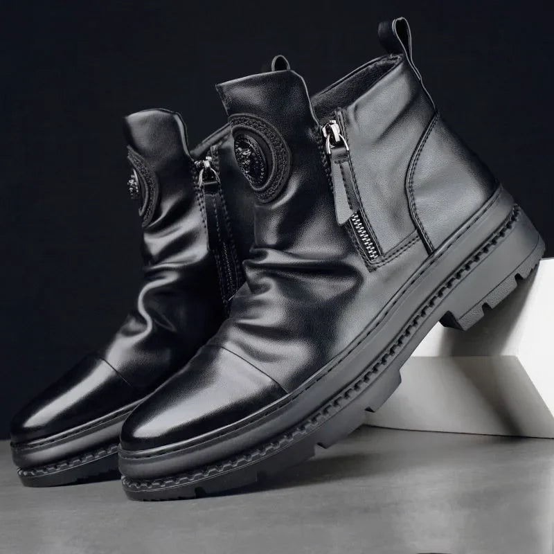 Men's Motorcycle Leather Boots British Style Round Head High Top Shoes Side Zip Walking Casual Platform Boots Bota Masculina