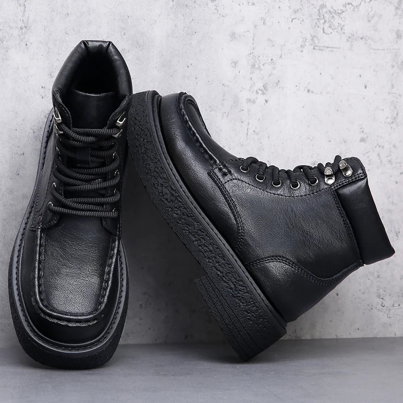 Leather Male Casual Shoes High Quality Comfortable Motorcycle Boots New High Top Man Botas Fashion Mens Lace Up Walking Boots