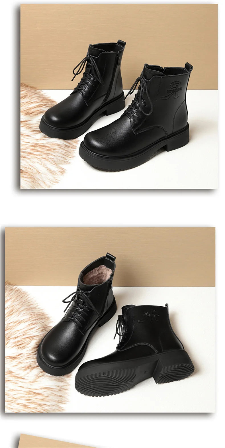 Women Winter Warm Velvet Ankle Boots Lace up Soft Leather Thick Bottom New Fashion Anti-slip Motorcycle Short Boots