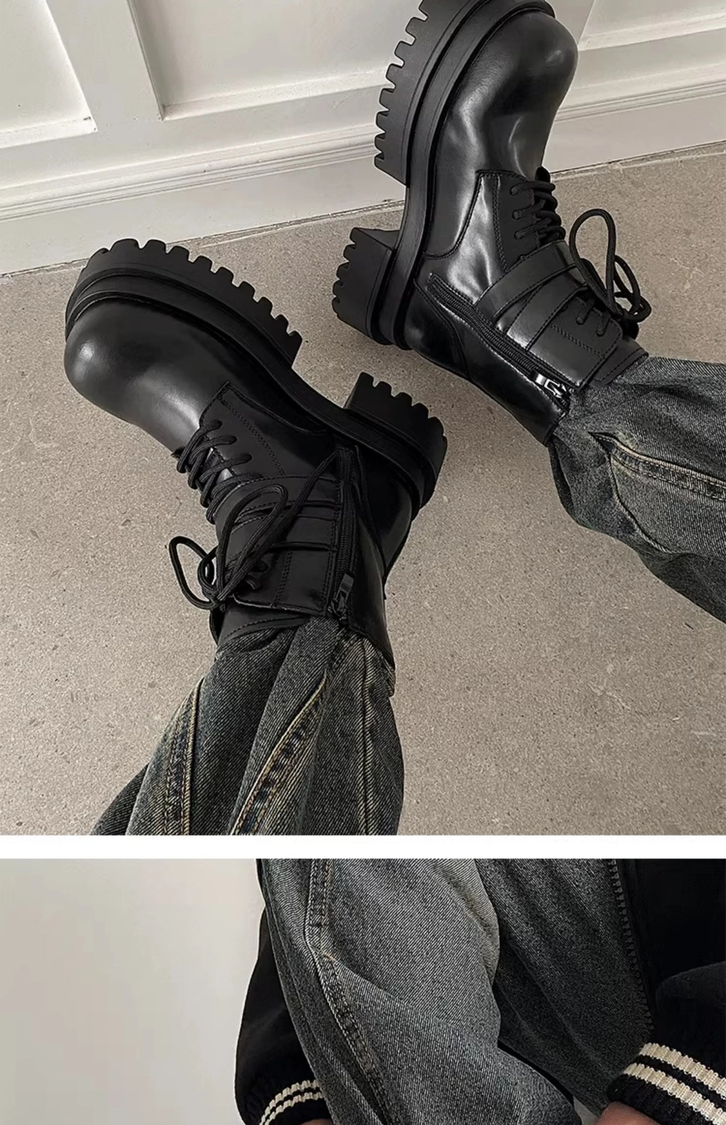 Height increased by 7CM short leather boots for men's dark punk functional motorcycle boots commuting buckle work clothes shoes